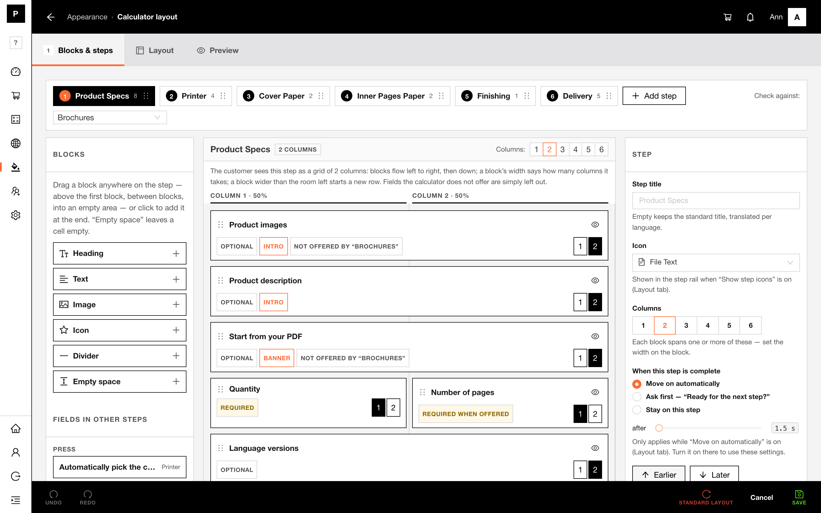 The calculator layout designer with the Product Specs step open.