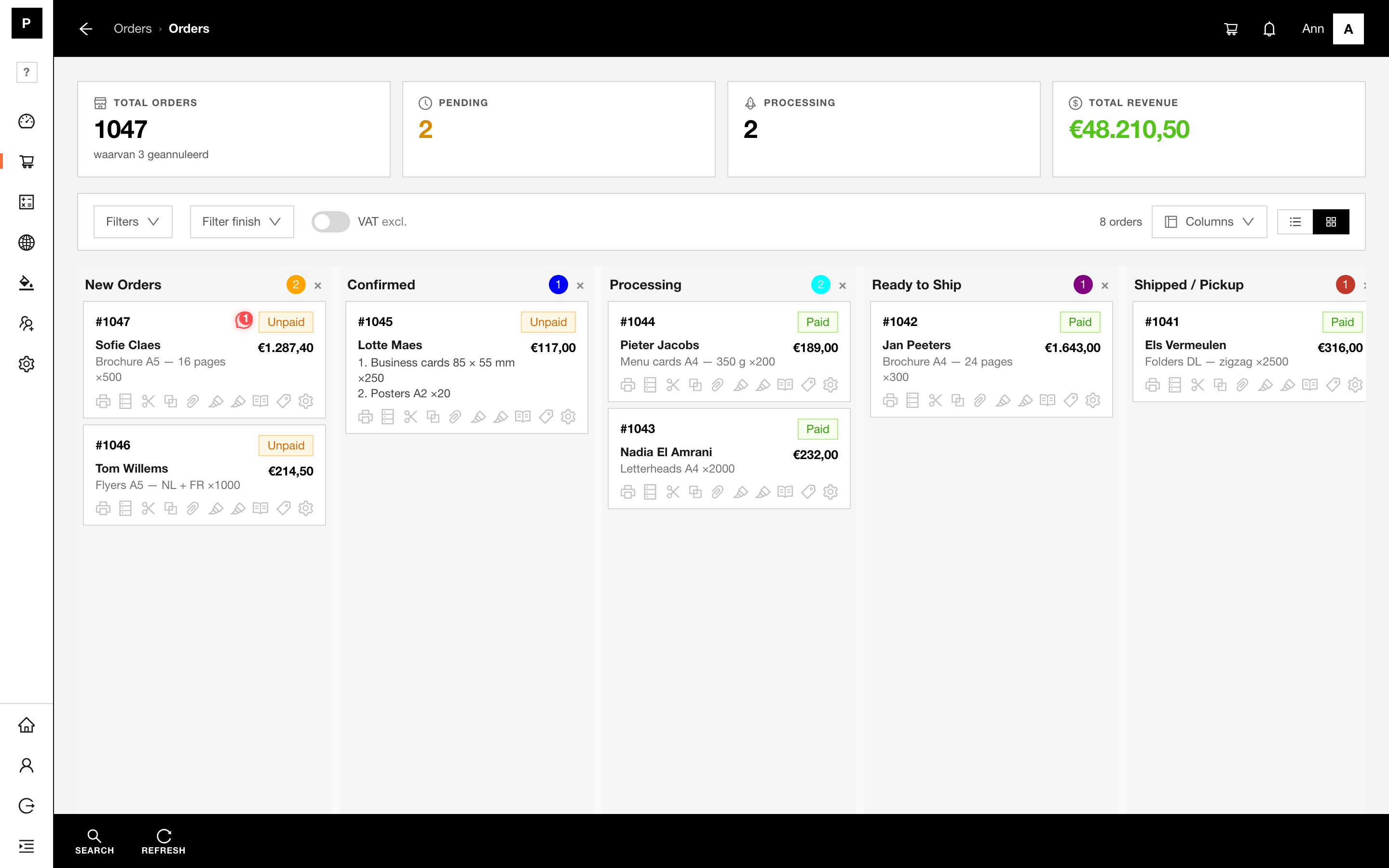 The order board in the admin: new, confirmed, processing, ready to ship and shipped columns.
