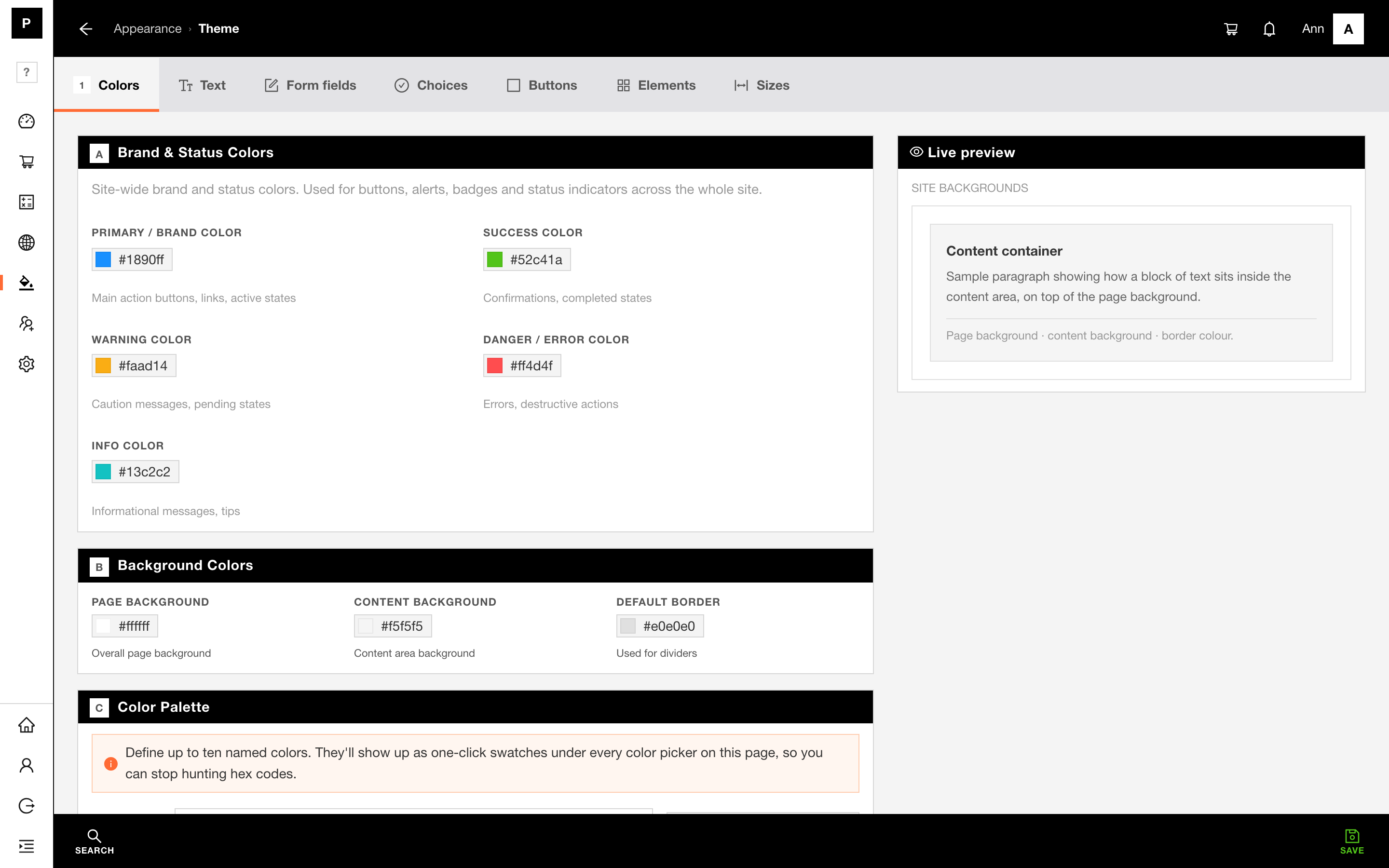 The theme page: brand and status colours with a live preview.