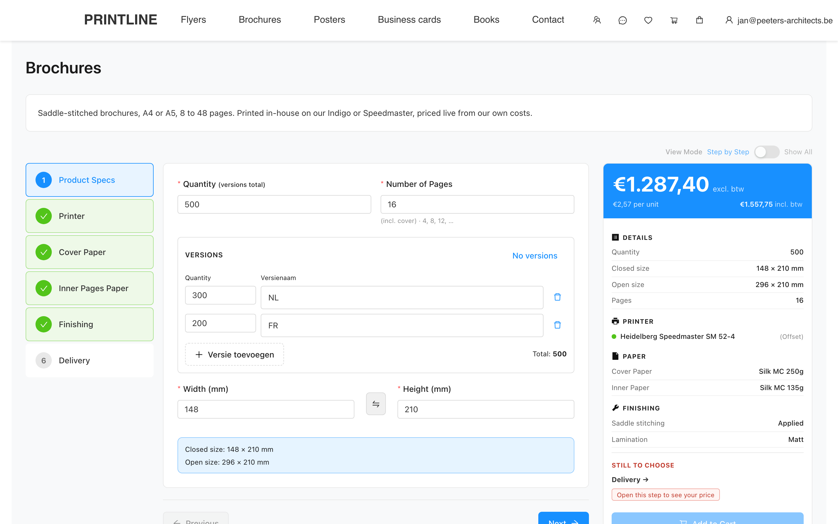 The brochure calculator of a print shop: 16 pages A5, two language versions NL 300 and FR 200, and the live price of € 1,287.40 on the right.