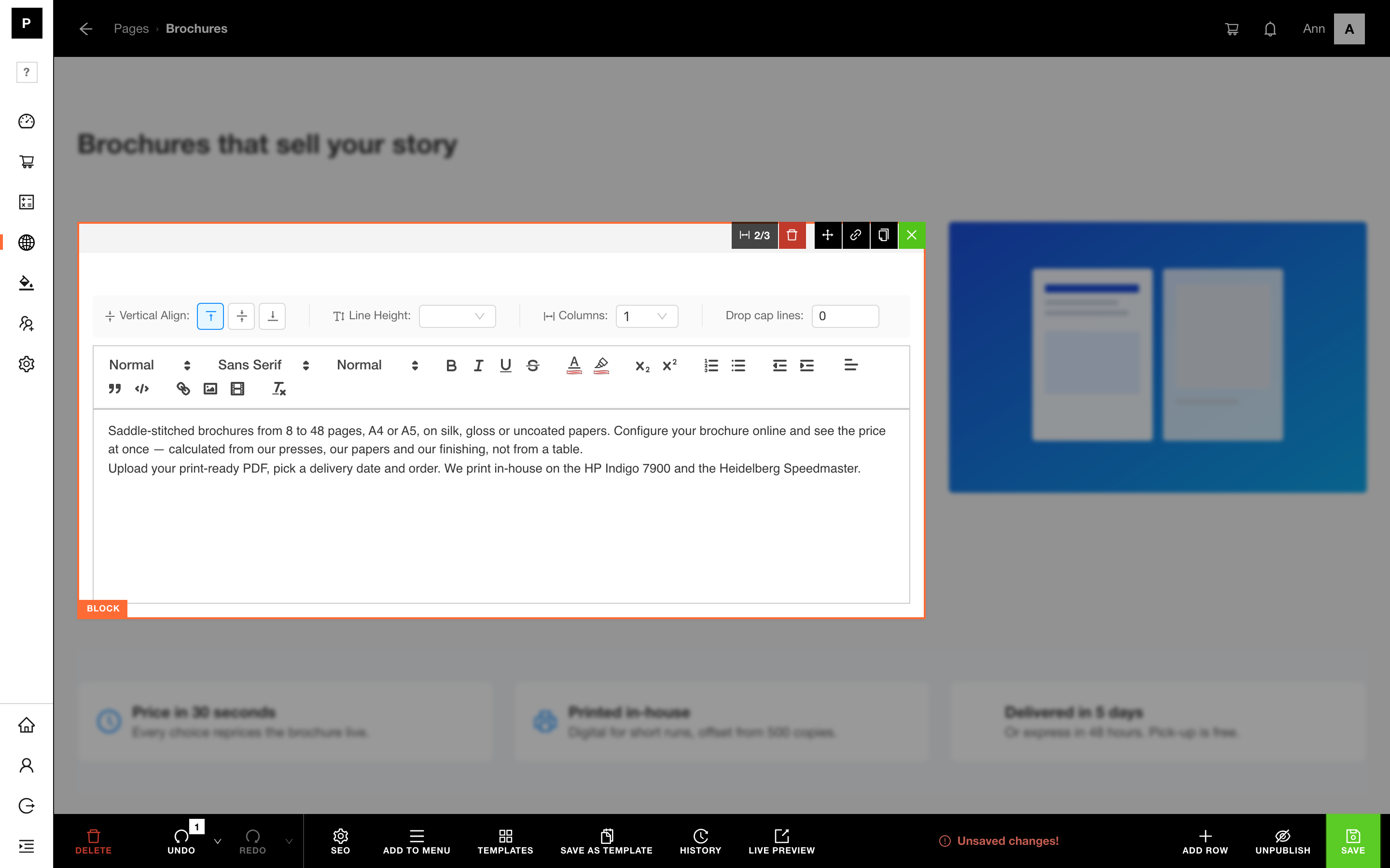 The page editor with a text block open: alignment, line height, columns, drop cap and the formatting toolbar.